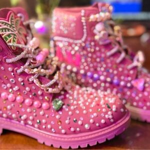 Timberland Pink Bejeweled Lace Up Boots